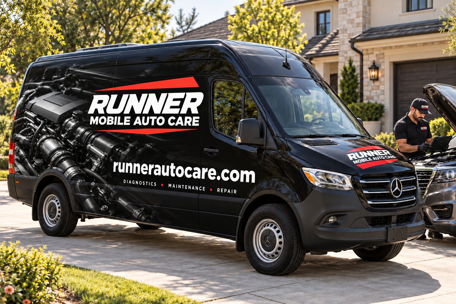 Runner Mobile Auto Care service van parked in a driveway while a mechanic works on an SUV